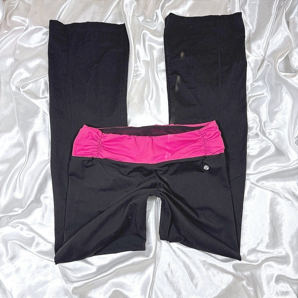 y2k Yoga Pants Black Pink Good Bally Total Fitness Flare Leg Ruched Waistband
